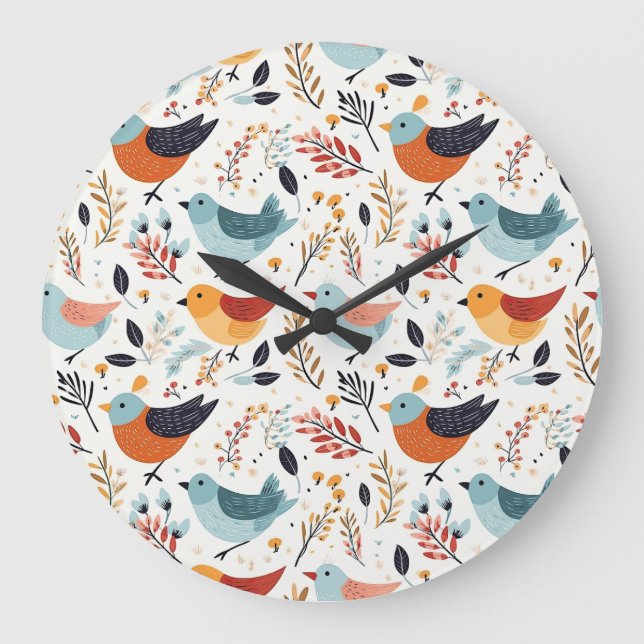 Rustic Orange And Blue Bird Garden Large Clock (Front)
