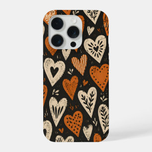 Rustic Orange and Ivory Botanical Hearts on Black iPhone 15 Pro Case