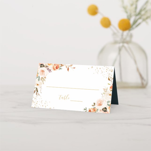 Rustic Orange Autumn Floral Gold Glitters Wedding Place Card (Front)