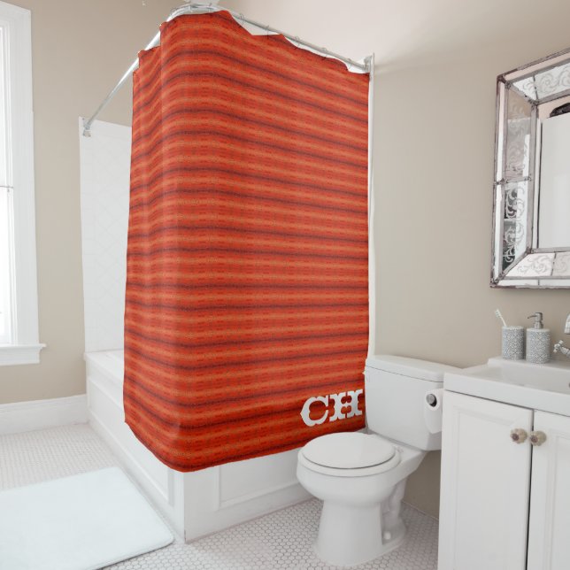 Rustic Orange Aztec Stripes Pattern Monogram Shower Curtain (In Situ)