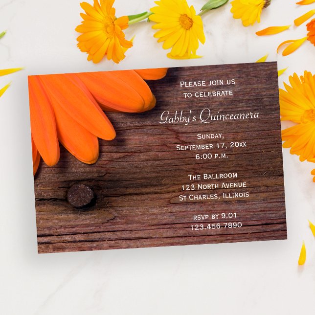 Rustic Orange Barn Wood Daisy Quinceanera Party Invitation (Creator Uploaded)