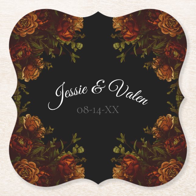 Rustic Orange Black Elegant Wedding Invitation Paper Coaster (Front)