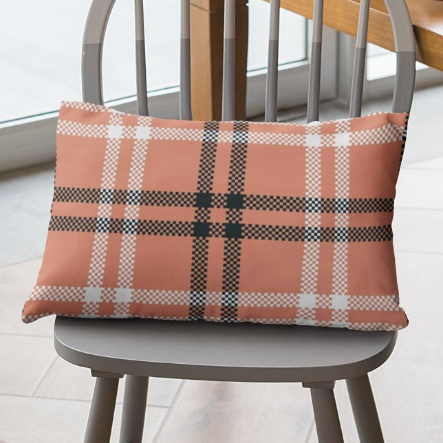 Rustic Orange Black Plaid Pattern Summer Autumn Lumbar Cushion (Creator Uploaded)