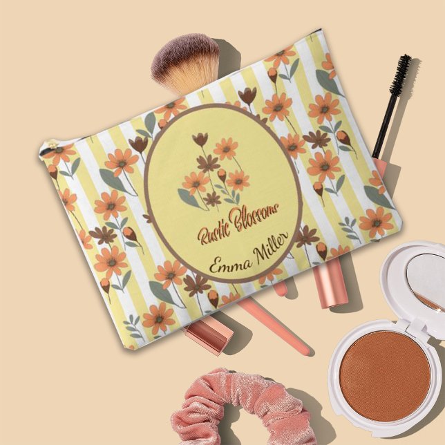 Rustic Orange Blossoms Yellow Stripes Custom Name Accessory Pouch (Creator Uploaded)