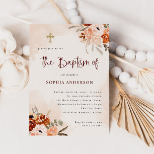 Rustic Orange Boho   Watercolor Blush Baptism Invitation