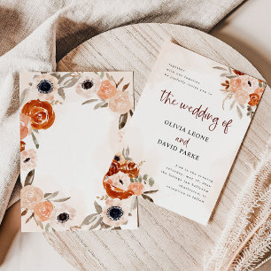 Rustic Orange Boho   Watercolor Wedding Invitation