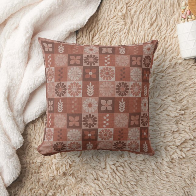 Rustic Orange Brown Burlap Flowers Throw Pillow (Blanket)