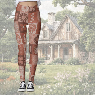 Rustic Orange Brown Burlap Linen Pattern Leggings