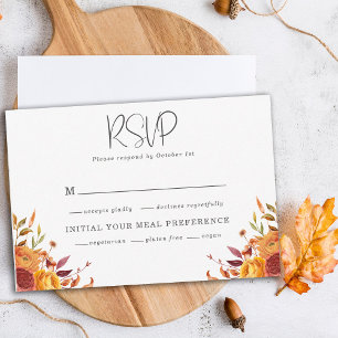 Rustic Orange Brown Gold Autumn Floral Wedding  RSVP Card