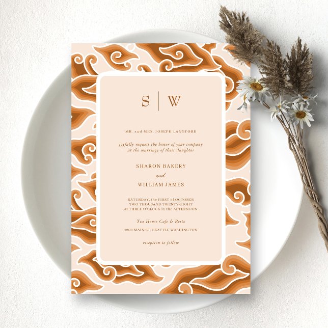 Rustic Orange Brown Waves Monogram Wedding Invitation (Personalized Timeless Gold Classical Design Wedding Invitation)