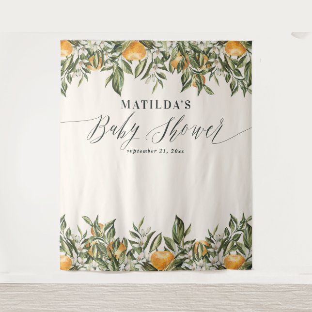 Rustic orange citrus botanical baby shower tapestry (Front)