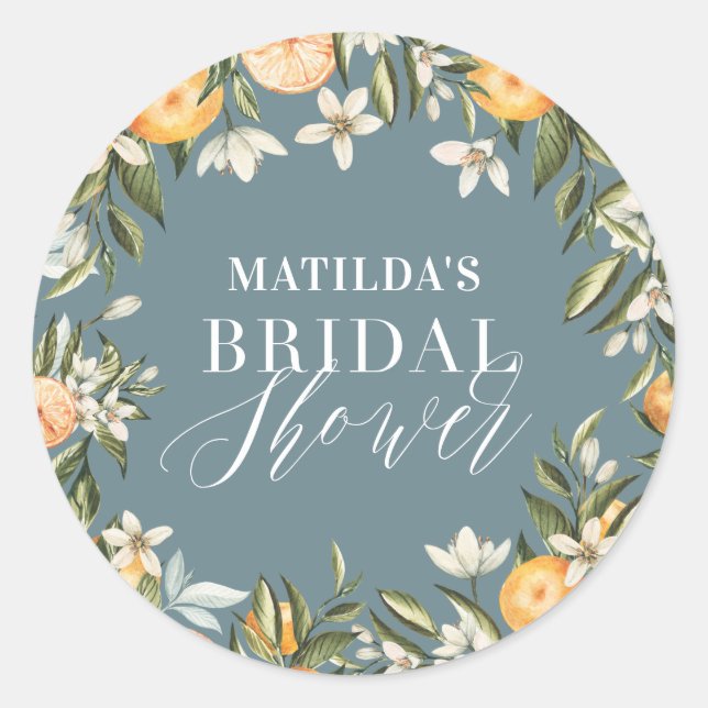 Rustic orange citrus botanical bridal shower party classic round sticker (Front)