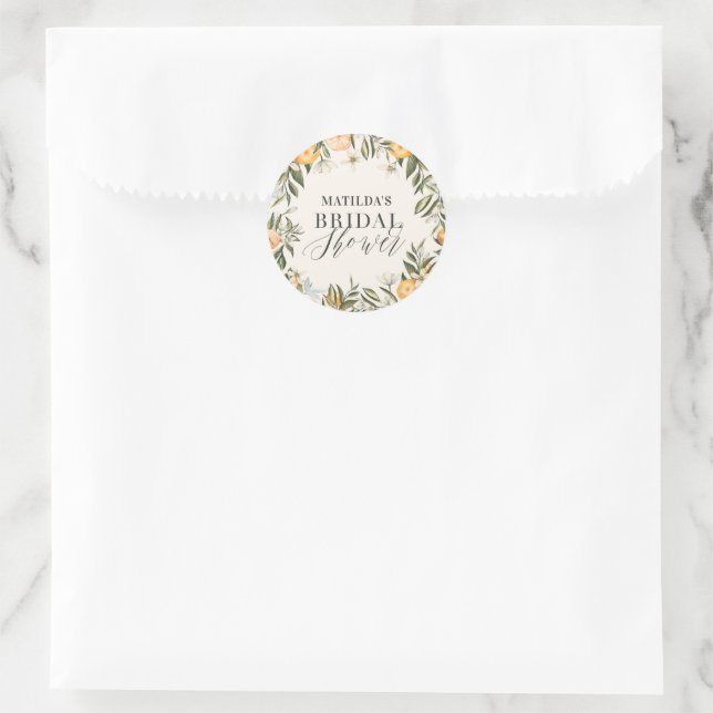Rustic orange citrus botanical bridal shower party classic round sticker (Bag)