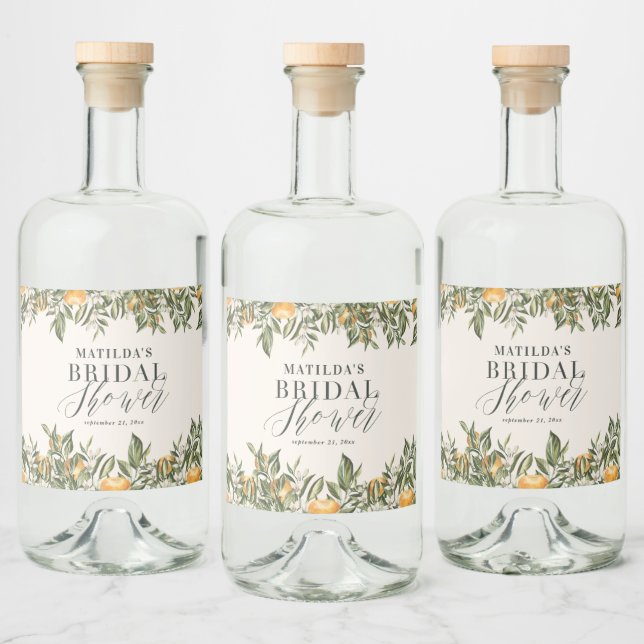 Rustic orange citrus botanical bridal shower party liquor bottle label (Bottles)