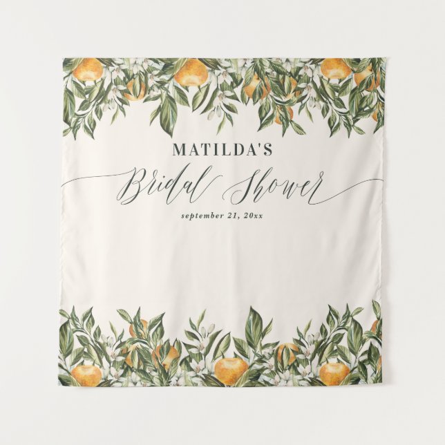 Rustic orange citrus botanical bridal shower party tapestry (Front)