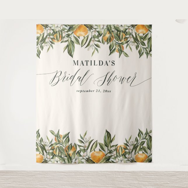 Rustic orange citrus botanical bridal shower party tapestry (Front)