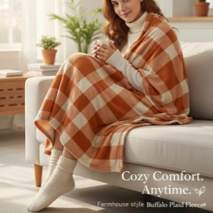 Rustic Orange & Cream Buffalo Plaid Farmhouse Fleece Blanket