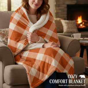 Rustic Orange & Cream Buffalo Plaid Farmhouse Sherpa Blanket