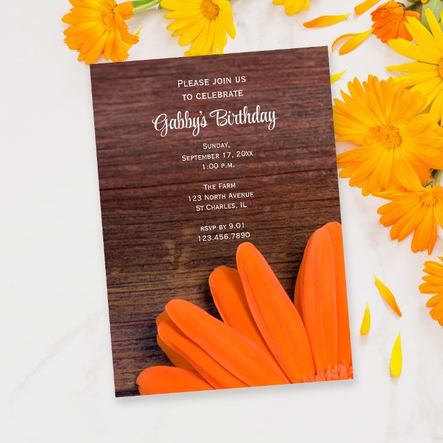 Rustic Orange Daisy and Barn Wood Birthday Party Invitation (Creator Uploaded)