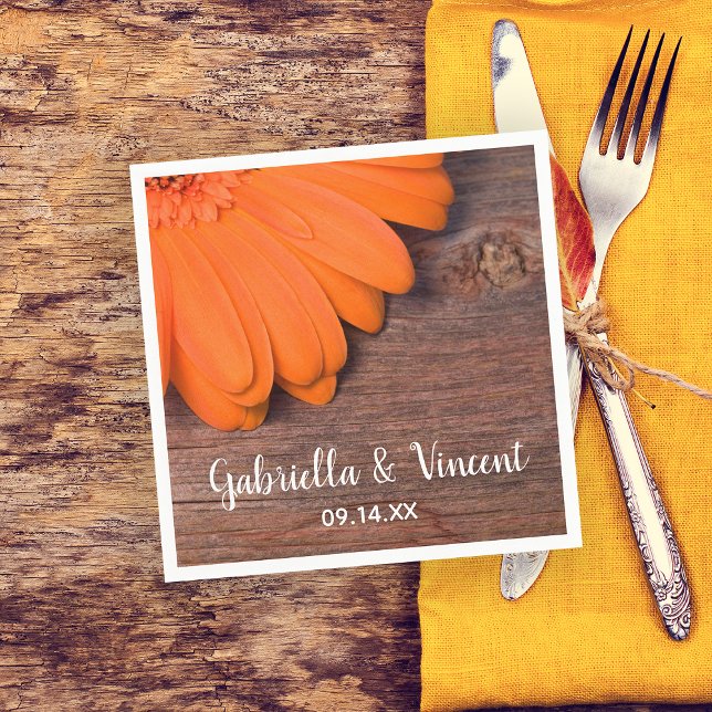 Rustic Orange Daisy and Barn Wood Country Wedding Napkin (Creator Uploaded)