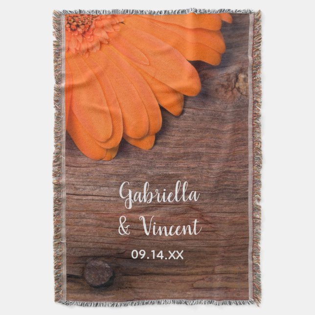 Rustic Orange Daisy and Barn Wood Country Wedding Throw Blanket (Front Vertical)