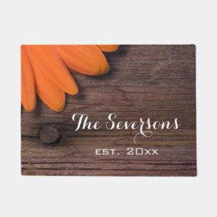 Rustic Orange Daisy and Barn Wood Doormat