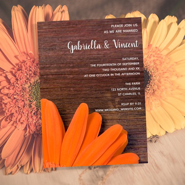 Rustic Orange Daisy and Barn Wood Wedding Invitation (Creator Uploaded)