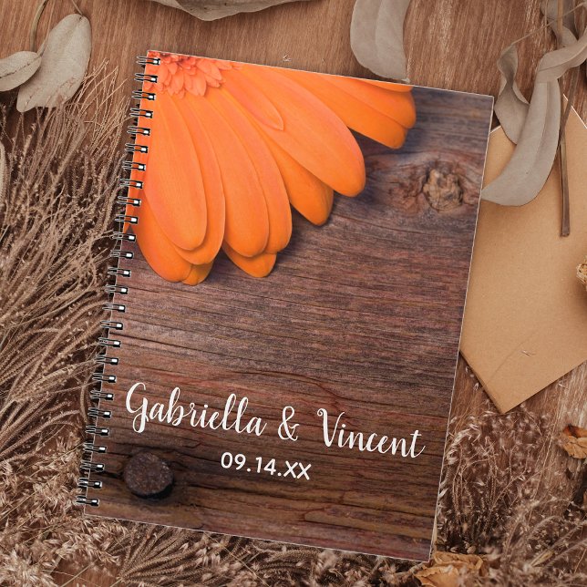Rustic Orange Daisy Country Barn Wood Wedding Notebook (Creator Uploaded)