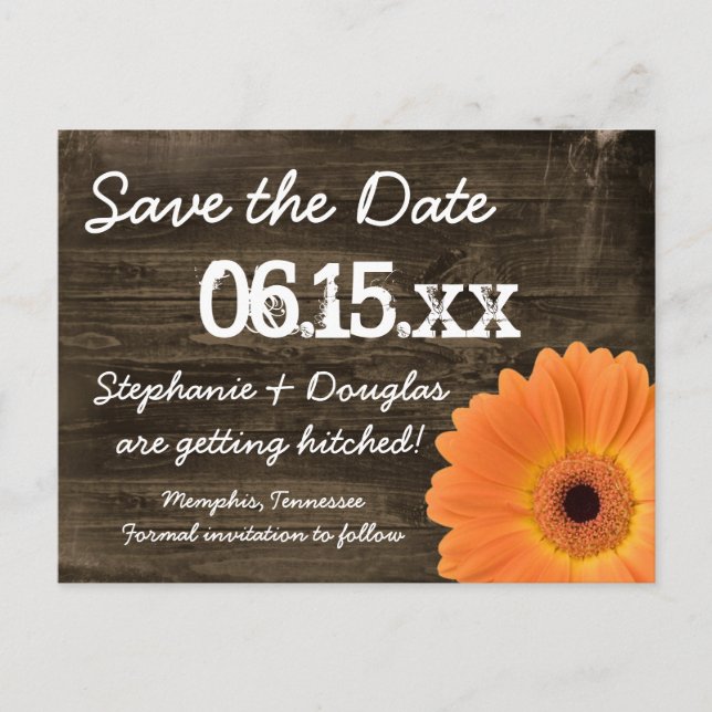 Rustic Orange Daisy Wood Save The Date Postcards (Front)