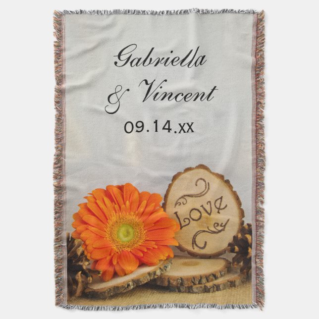 Rustic Orange Daisy Woodland Wedding Keepsake Throw Blanket (Front Vertical)