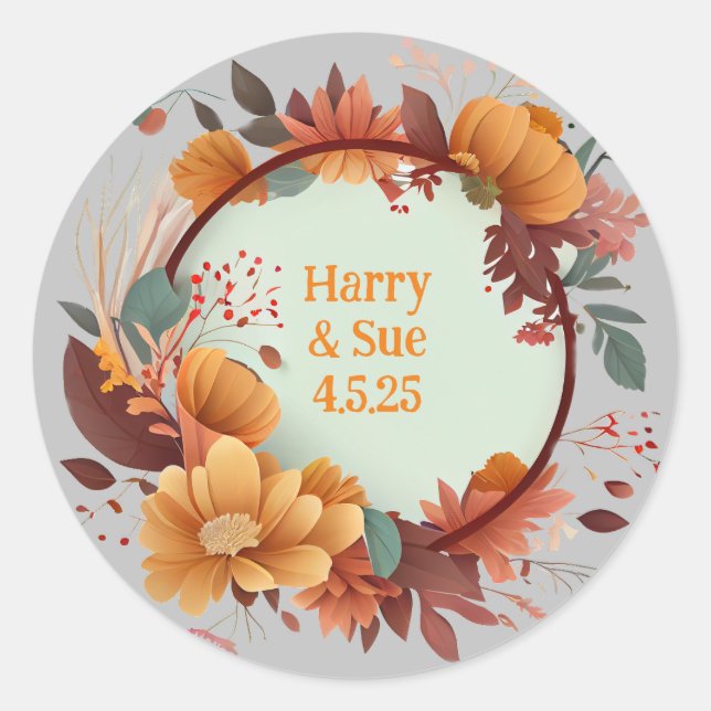 Rustic Orange Dried Flower Wedding Floral Wreath  Classic Round Sticker (Front)