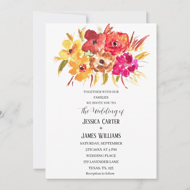 Rustic Orange Fall Boho Bohemian Floral Wedding Invitation (Front)