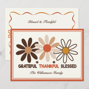 Rustic Orange Fall Retro Floral Thankful Holiday Card