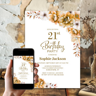 Rustic Orange Floral 21st Birthday Party Invitation