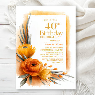 Rustic Orange Floral 40th Birthday Party Invitation