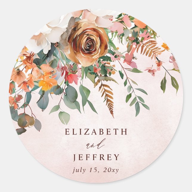 Rustic Orange Floral Fall Wedding Classic Round Sticker (Front)