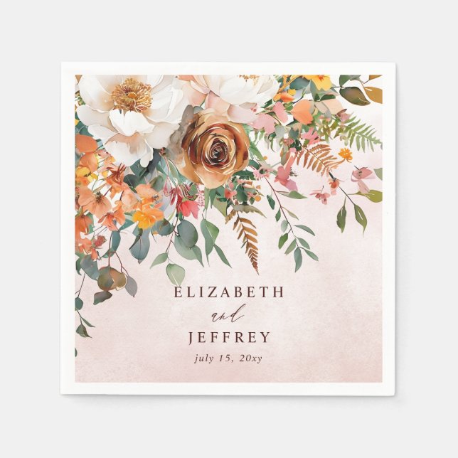 Rustic Orange Floral Fall Wedding Napkin (Front)