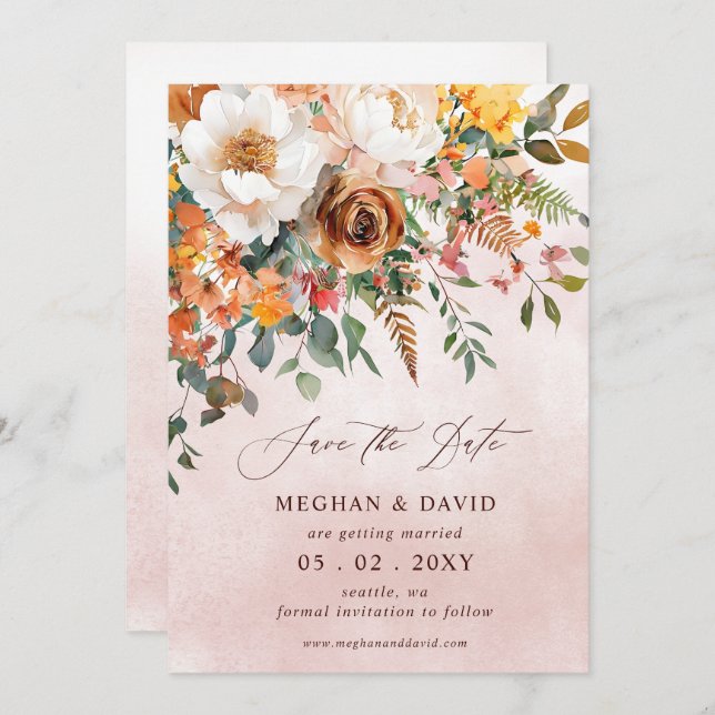 Rustic Orange Floral Fall Wedding Save The Date (Front/Back)