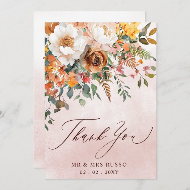 Rustic Orange Floral Fall Wedding  Thank You Card (Front/Back)