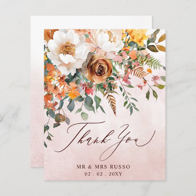 Rustic Orange Floral Fall Wedding Thank You Card (Front/Back)