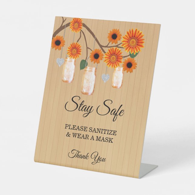 Rustic Orange Floral Mason Jars Wedding Safety Pedestal Sign (Front)