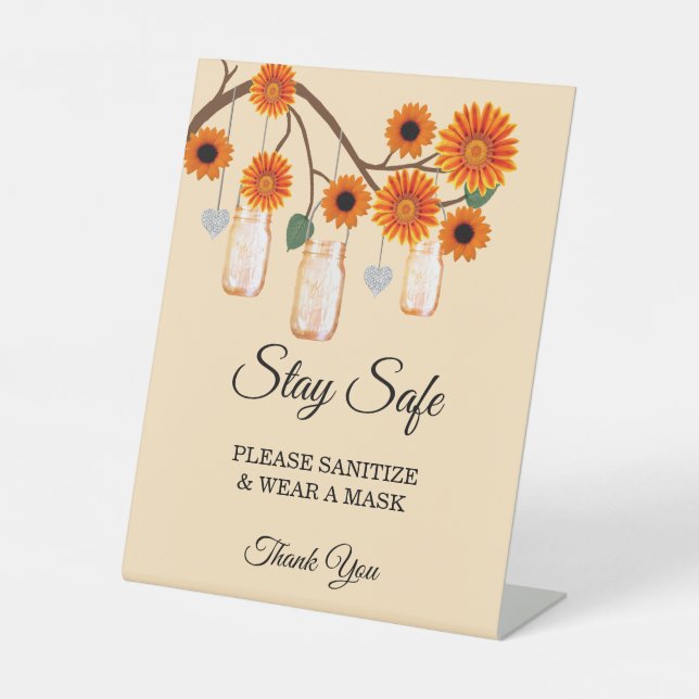 Rustic Orange Flowers Mason Jar Wedding Safety Pedestal Sign (Front)