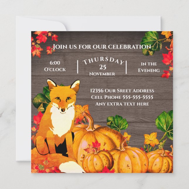 Rustic Orange Fox Pumpkin Fall Thanksgiving party  (Back)