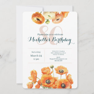 Rustic Orange Garden Floral 80th Birthday Party  Invitation