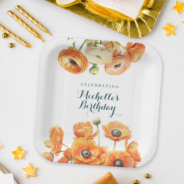 Rustic Orange Garden Floral Birthday Party White Paper Plate (Creator Uploaded)