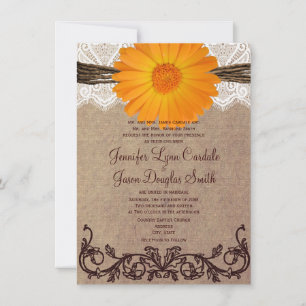 Rustic Orange Gerber Daisy Lace Wedding Invitation