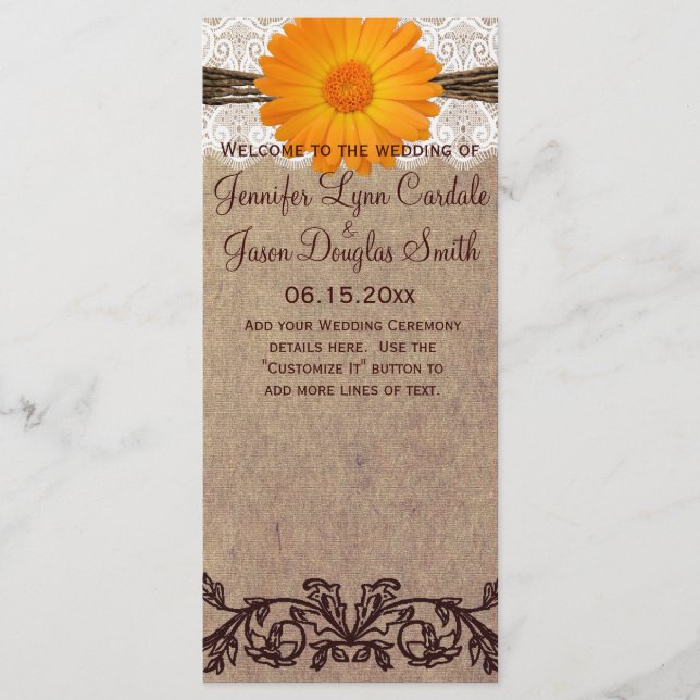 Rustic Orange Gerber Daisy Wedding Program (Front)