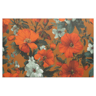 Rustic Orange Green Botanical Bold Vintage Floral Fabric