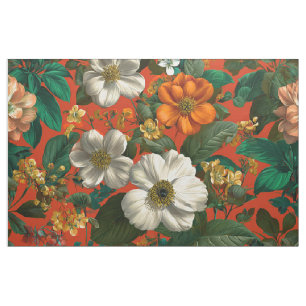 Rustic Orange Green Botanical Bold Vintage Floral Fabric