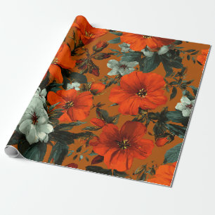 Rustic Orange Green Botanical Bold Vintage Floral Wrapping Paper